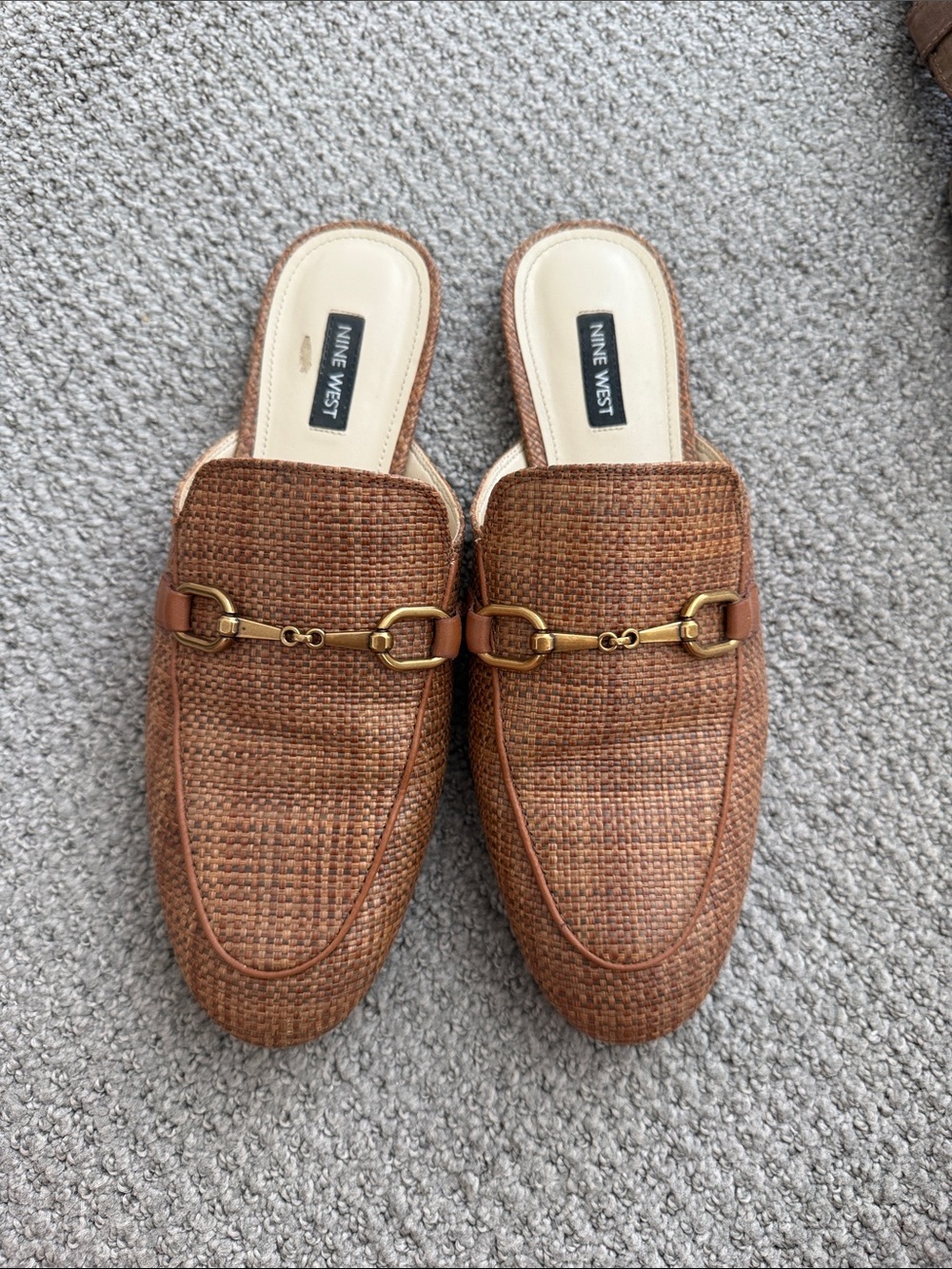 Nine West Woven Tan Slide Mules with Gold Horsebit